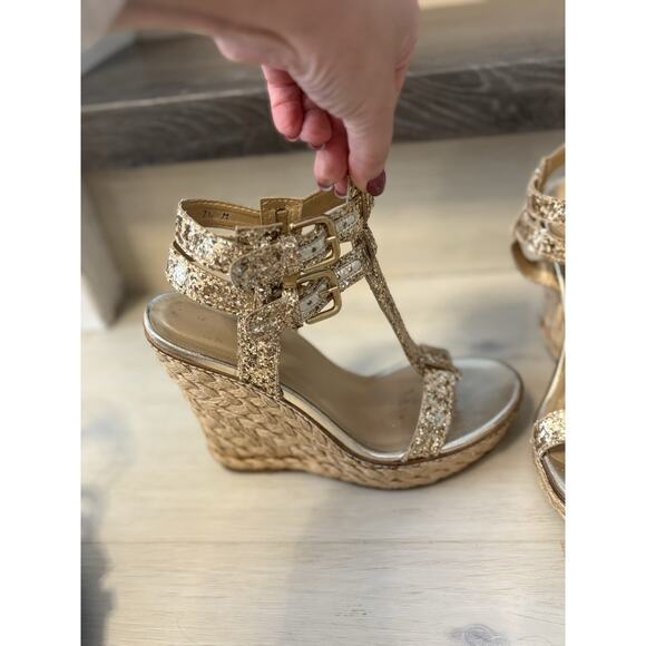 Stuart Weitzman Wedge Sandals Gold Glitter Slingbacks Espadrilles Women’s 7.5 - Picture 4 of 5